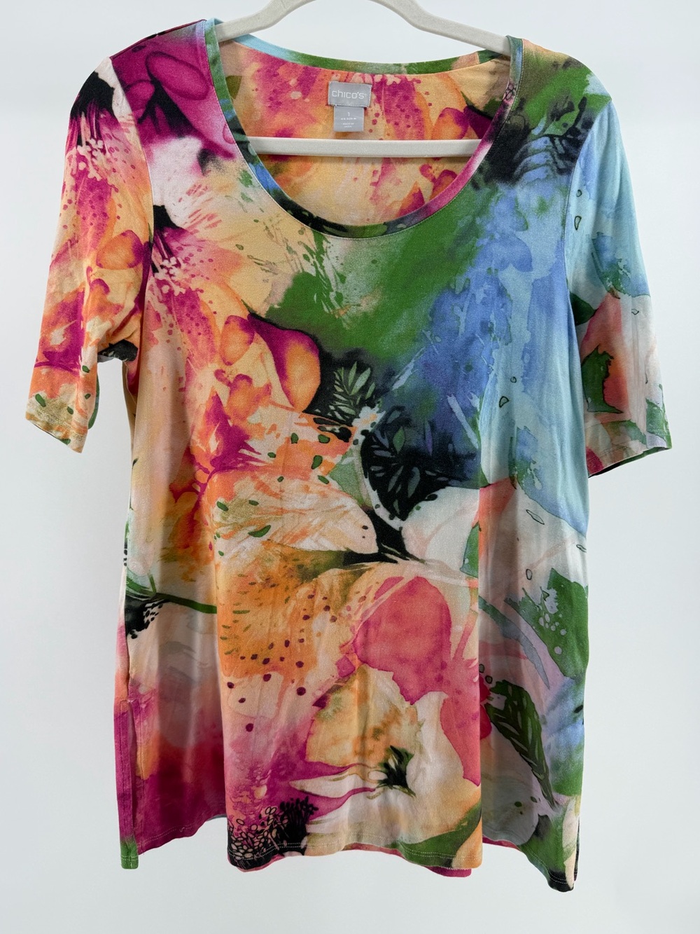 Chico's Watercolor Floral Short Sleeve Pima Cotton/Modal Top, Women's Medium (1)